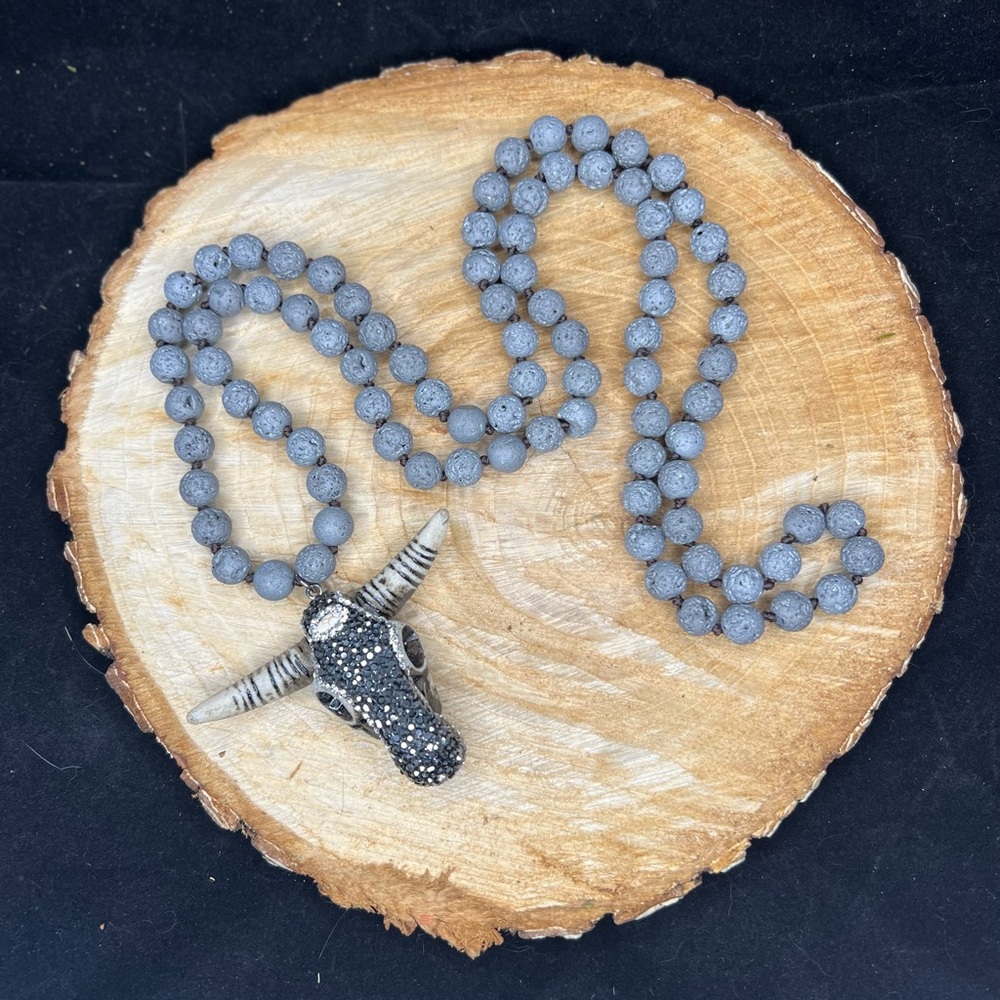 ❌SOLD Beaded Lava Stone Bull Skull Charm Mala Necklace